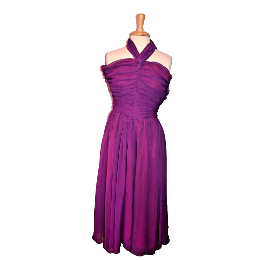 Vtg Fairycore Prom Magenta Convertable Strapless Halter Flowing Dress | Small